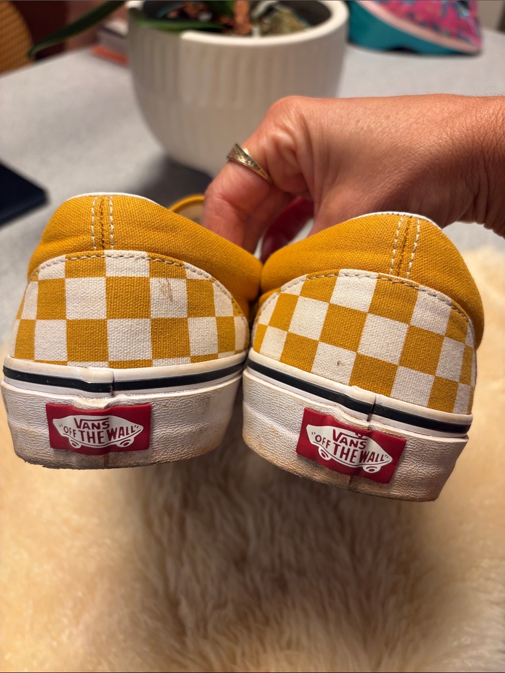 Vans Classic Slip On Checkerboard Camel  Mustard Yellow Canvas Shoe Mens 10.5